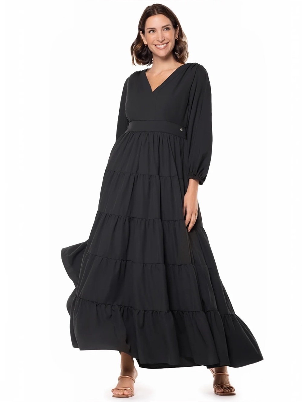 Coolibar UPF 50+ Tiered Maxi Dress Womens XL Black Long Sleeve V-Neck 10780